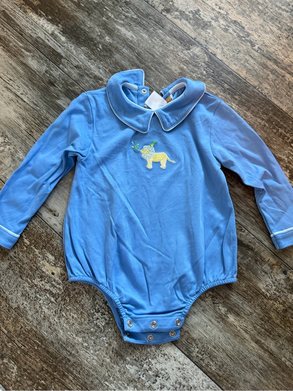 Baby Blue Long-Sleeve One-Piece with Embroidered Lion